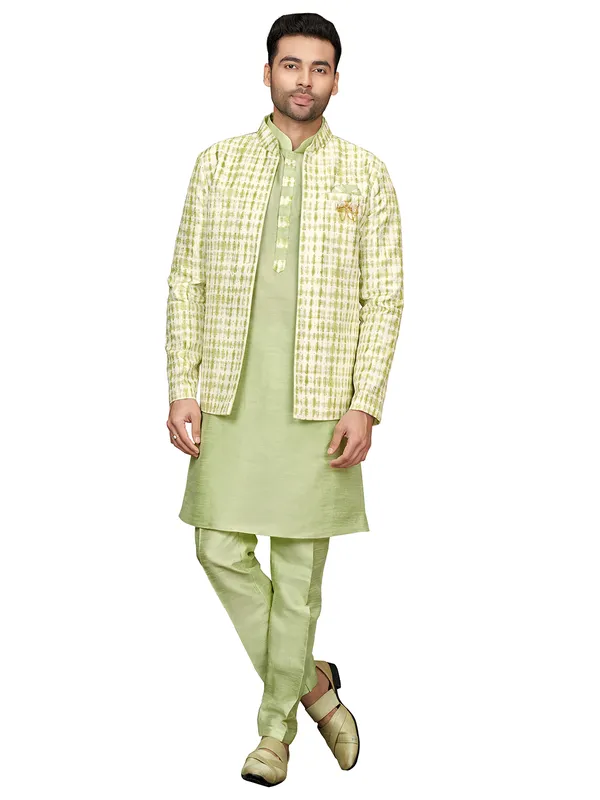 Fabulous pista green printed silk indowestern