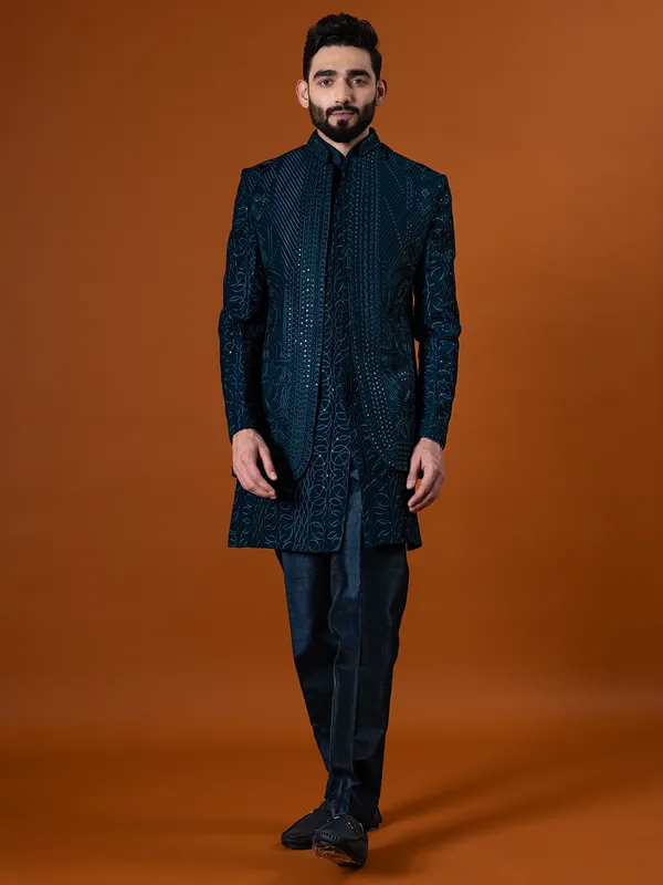 Fabulous rama blue terry rayon indo western for men