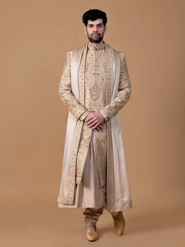 Fabulous raw silk peach groom sherwani