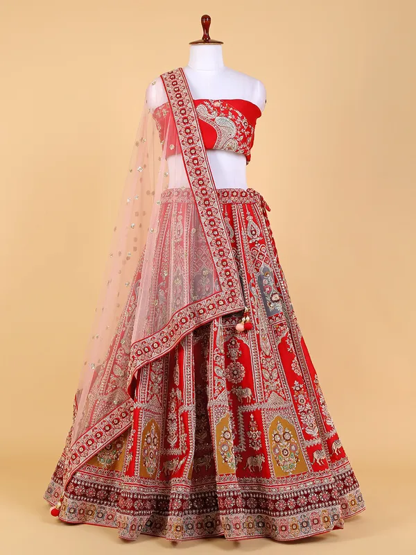 Fabulous red raw silk unstitched lehenga choli