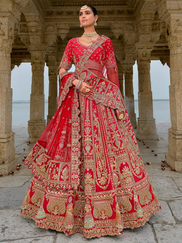 Fabulous silk red unstitched lehenga choli