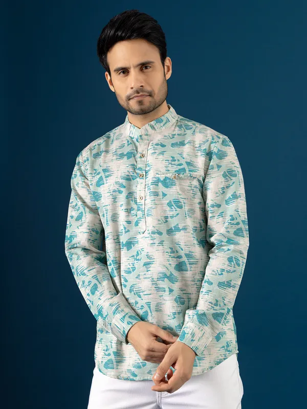 Fabulous white and sky blue cotton kurta