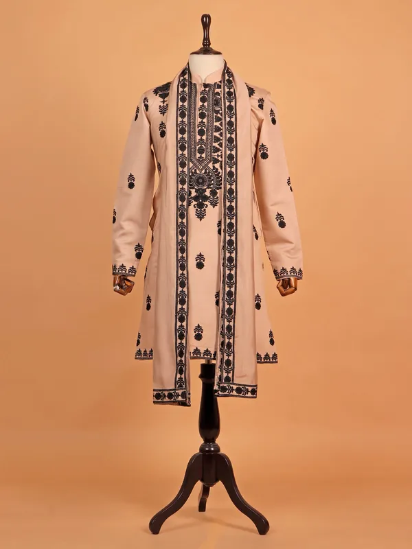 Fawn embroideried cotton silk pathani suit