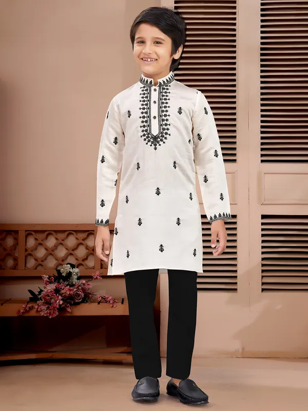 Festival vibe off white kurta suit in cotton silk for boys
