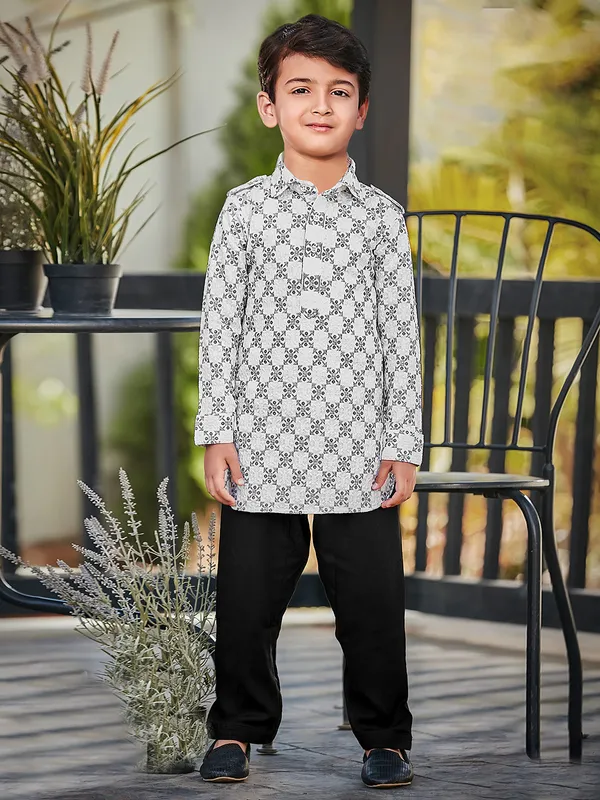 Festive charm in white and black cotton silk kurta set