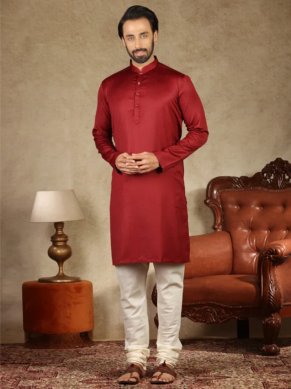 Festive function solid maroon cotton  Men Kurta pajama