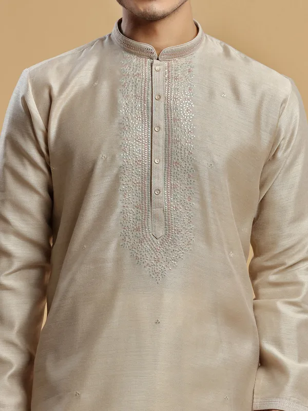 Festive look beige silk men kurta suit