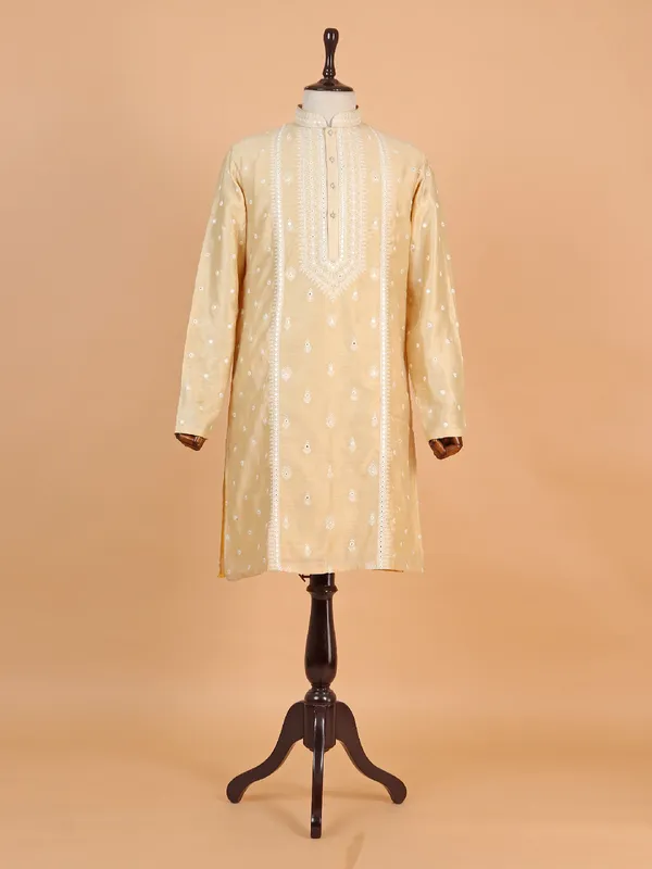 Festive style cream cotton silk kurta suit for men