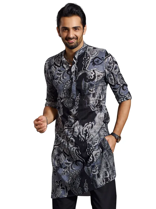 Festive style navy and black printed kurta