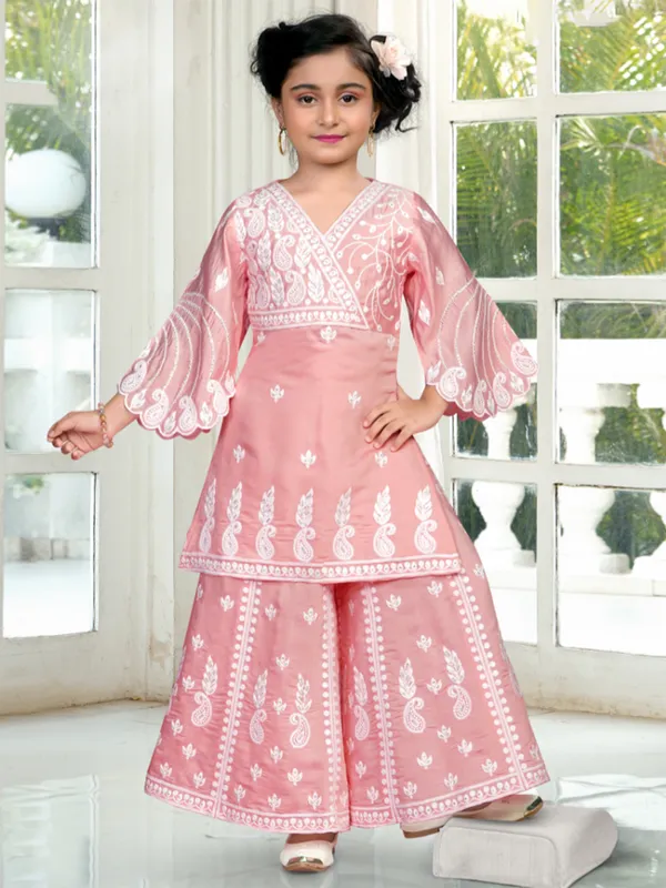 Festive style peach silk palazzo suit for girls