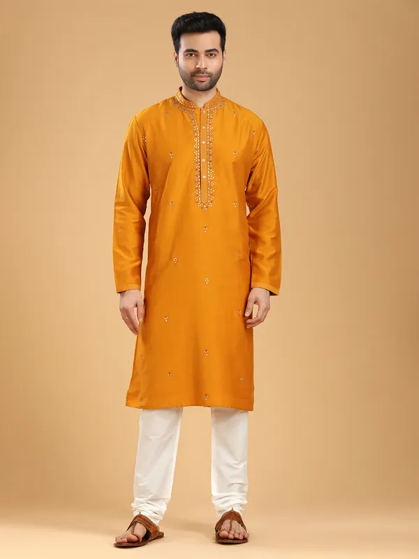Festive wear mustard yellow silk  Men Kurta pajama