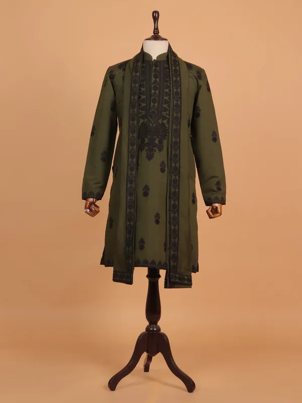 Festive wear Olive embroideried pathani suit