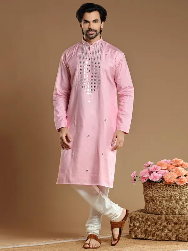 Festive wear pink  Men Kurta pajama in cotton silk