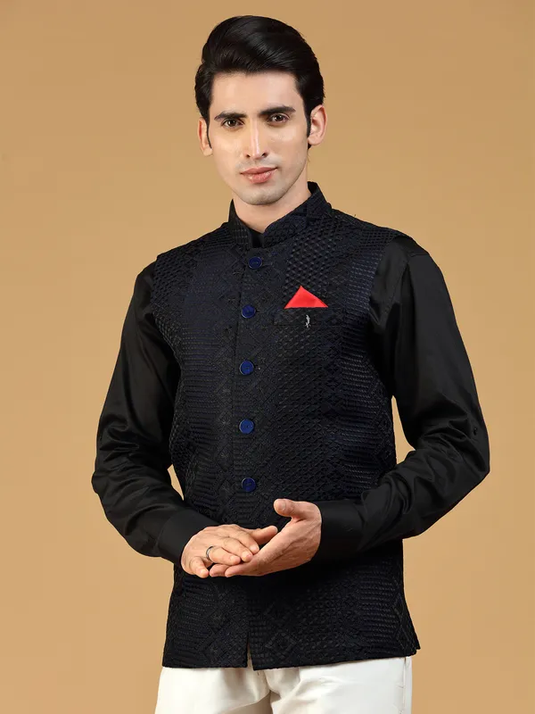 Navy Blue Festive wear silk embroidery Nehru Jacket