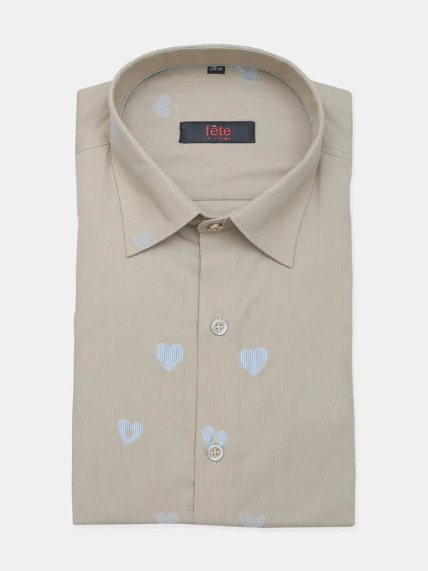 Fete printed khakhi cotton cut away collar shirt