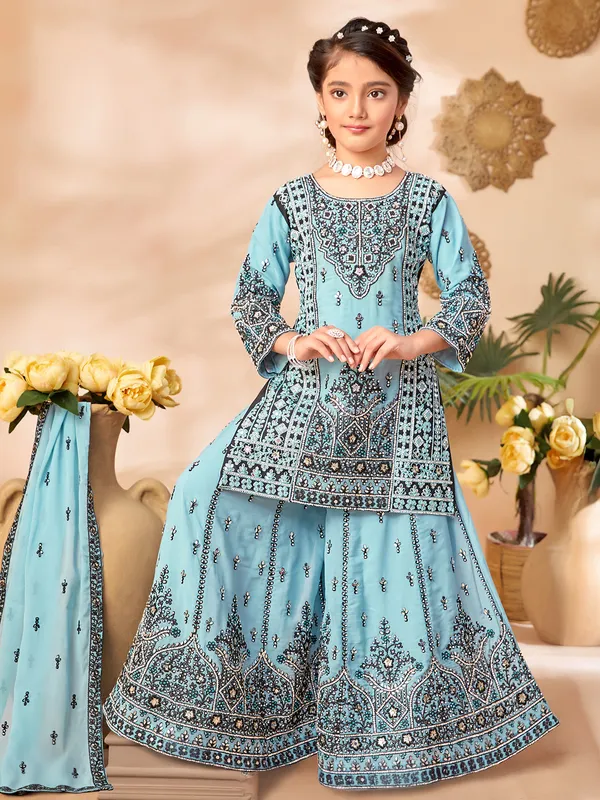 Firozi aqua silk suit with embellished dupatta