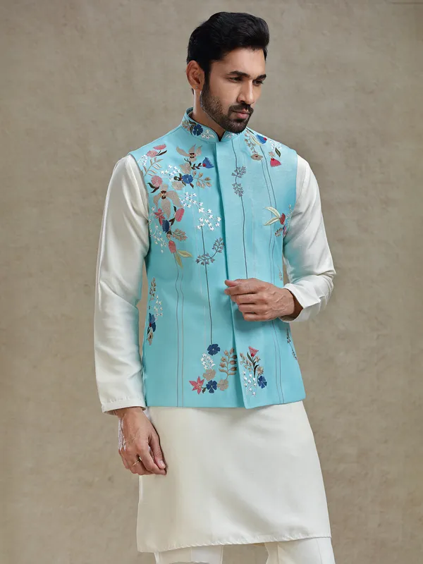 Firozi blue linen silk embroideried kurta jacket set