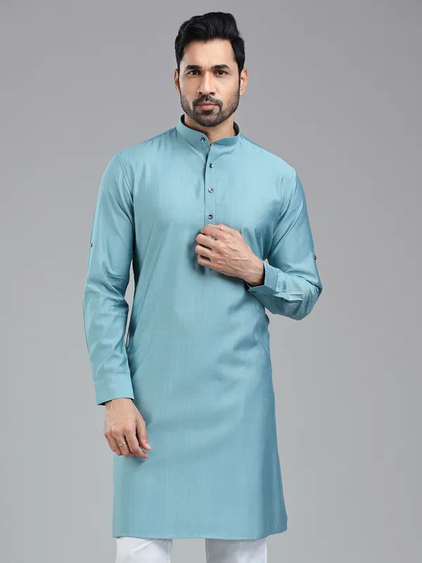 Firozi blue solid festive wear kurta for men