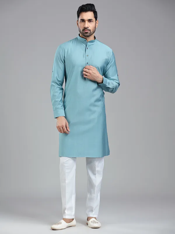 Firozi blue solid festive wear kurta suit for men