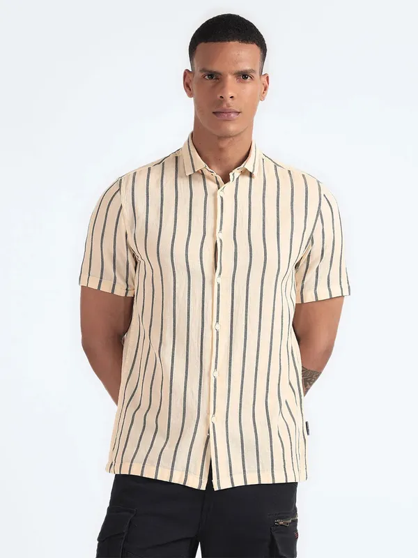 FLAYING MACHINE cream stripe half sleeve shirt