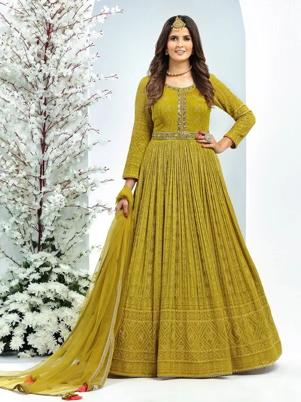 Floor length style olive anarkali suit