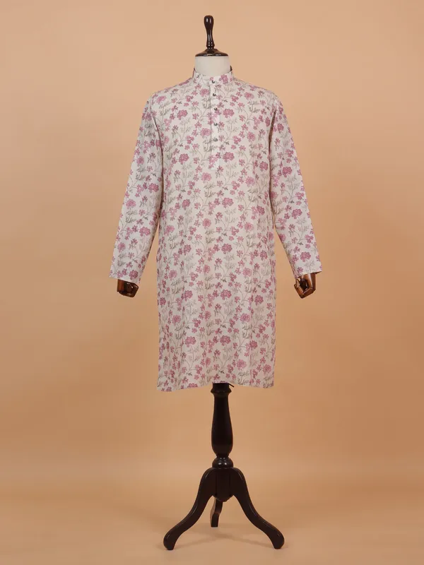 Floral printed beige cotton kurta suit for men