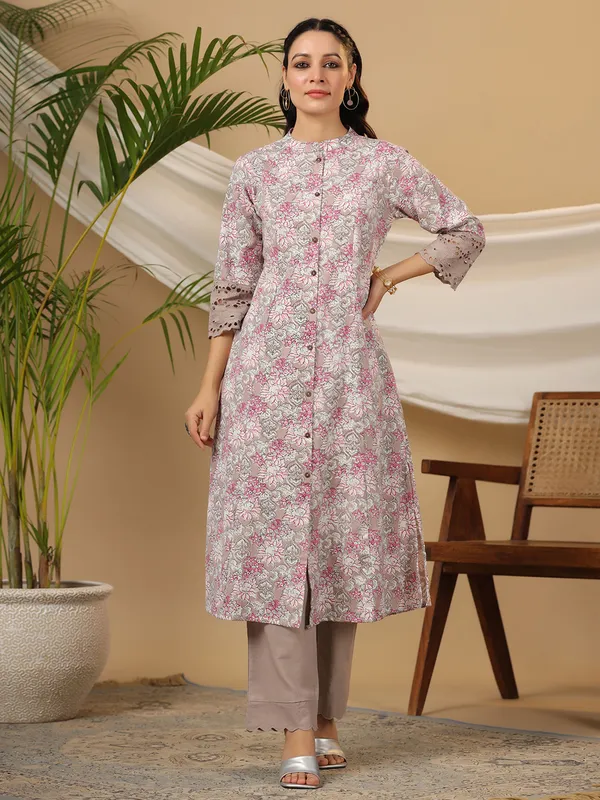 Floral printed beige kurti in cotton