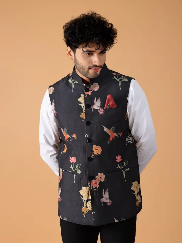 Floral printed black waistcoat