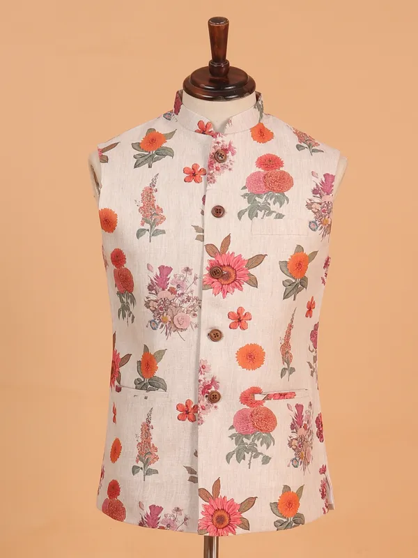 Floral printed cream waistcoat in tarry rayon