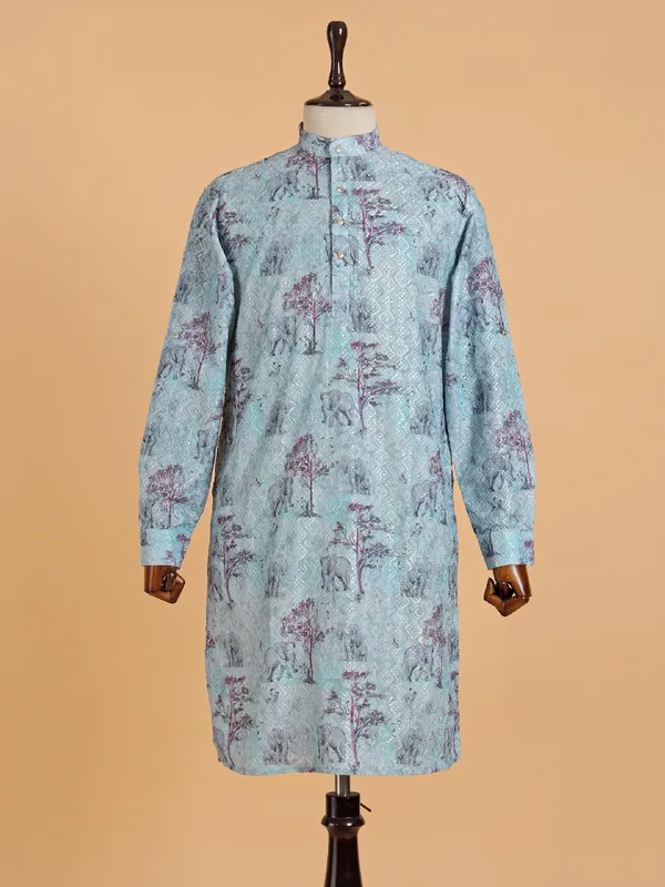 Floral printed light blue cotton kurta