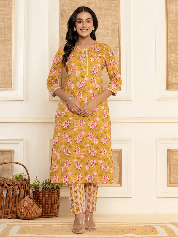 Floral printed mustard kurti set