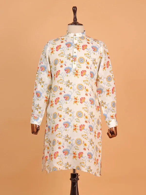 Floral printed off-white cotton kurta for men