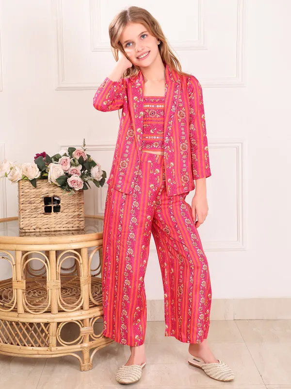 Floral printed pink silk co-ord set with jackets