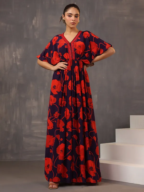 Floral printed purple silk desinger suit