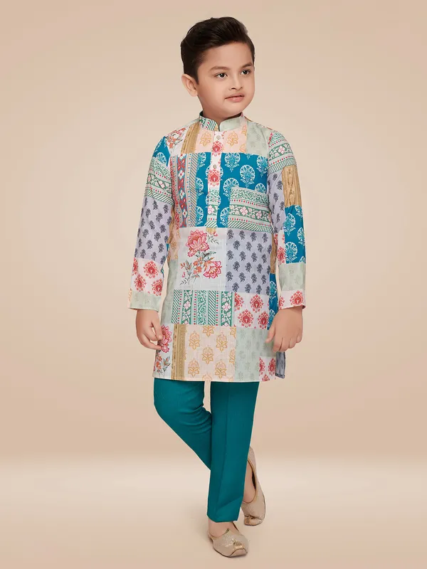 Floral printed rama blue cotton kurta suit