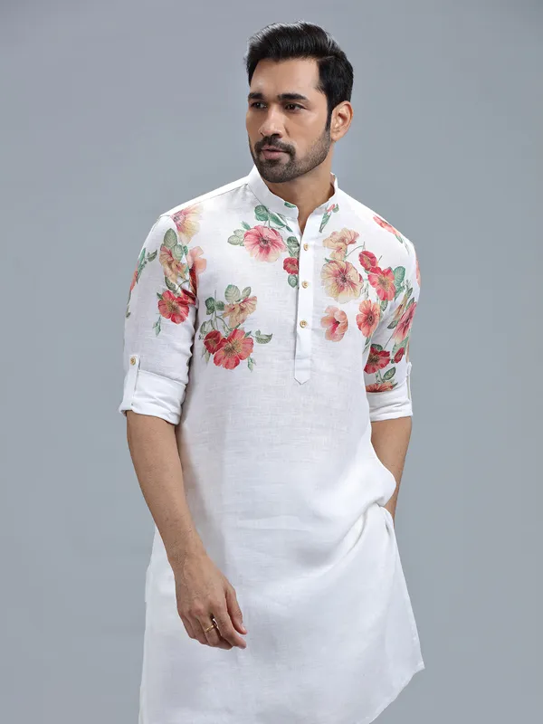 Floral printed white linen kurta suit