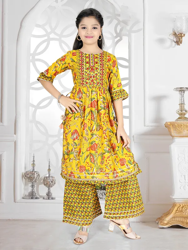 Floral printed yellow cotton palazzo suit