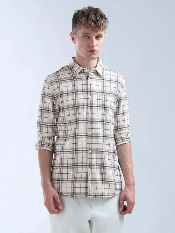 FLYING MACHINE beige and grey flannel casual shirt