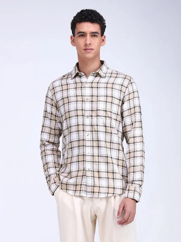 FLYING MACHINE beige checks cotton shirt