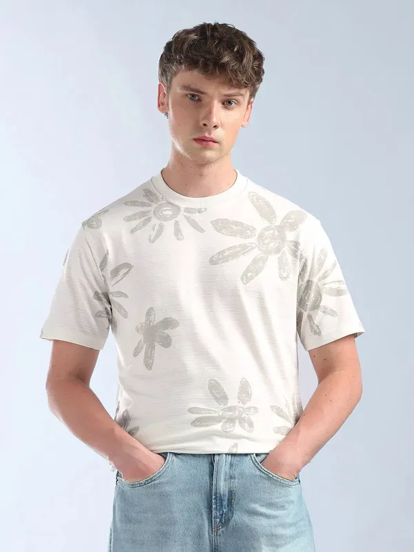 FLYING MACHINE beige classic printed slim fit t-shirt
