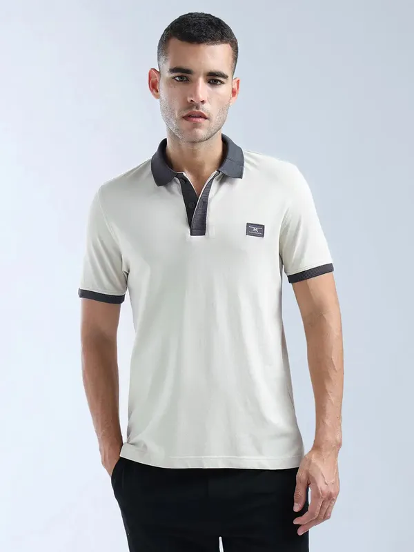FLYING MACHINE beige plain cotton polo t-shirt