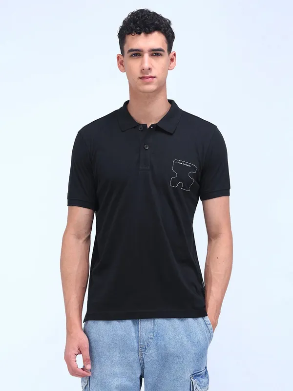 FLYING MACHINE black printed cotton polo t-shirt