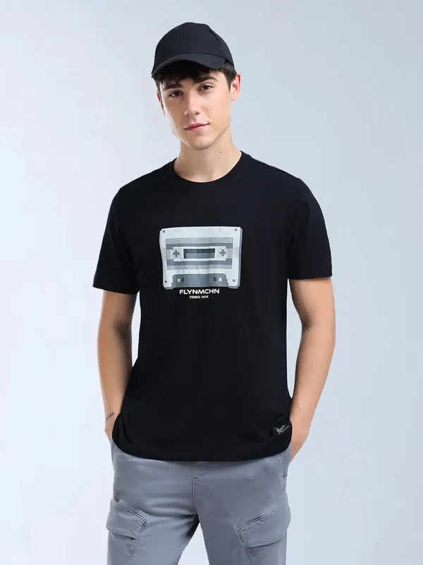 FLYING MACHINE black printed cotton slim fit t-shirt