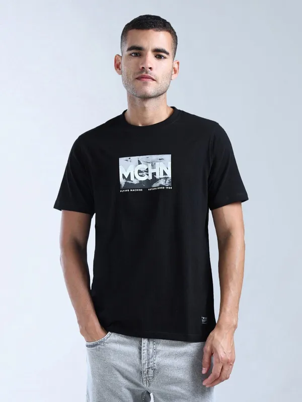 FLYING MACHINE black printed cotton slim fit t-shirt for men