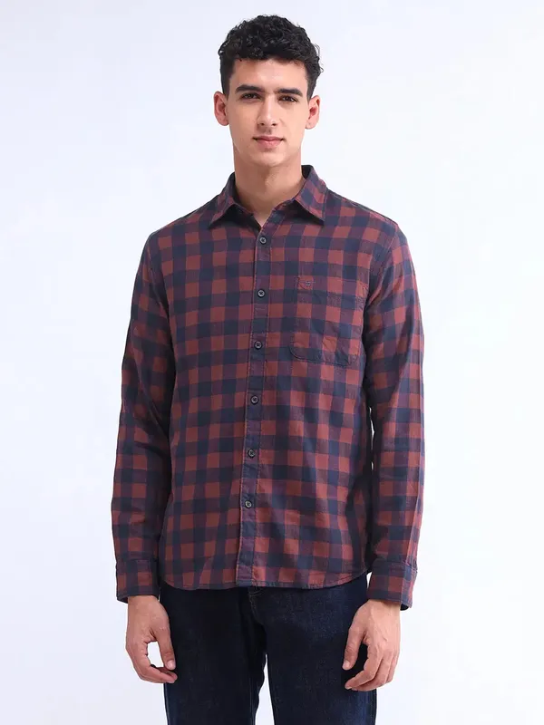FLYING MACHINE blue and brown cotton shirt