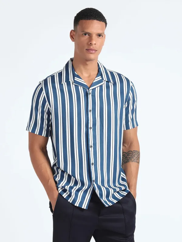 FLYING MACHINE blue stripe half sleeve shirt