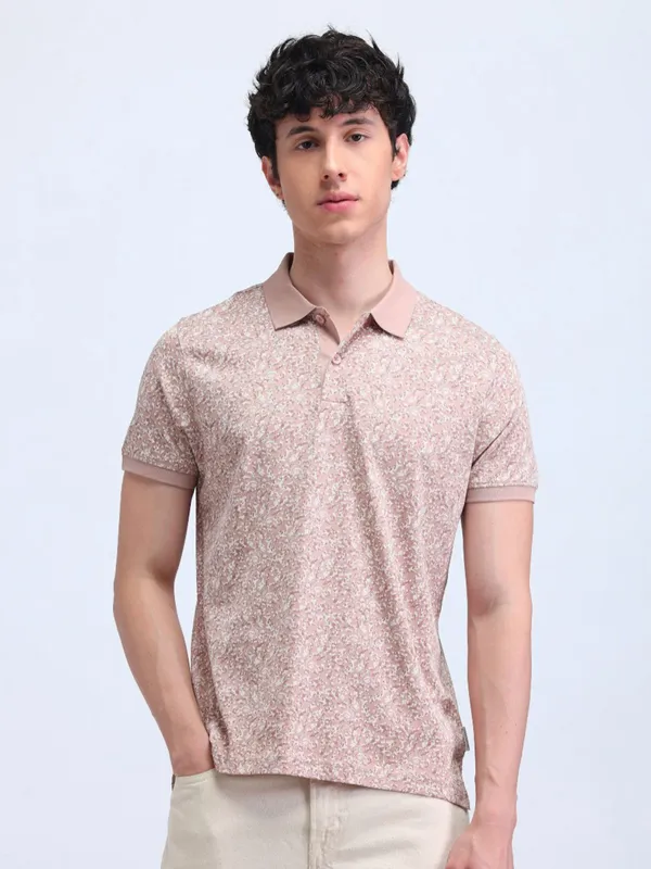 FLYING MACHINE cream printed cotton polo t-shirt