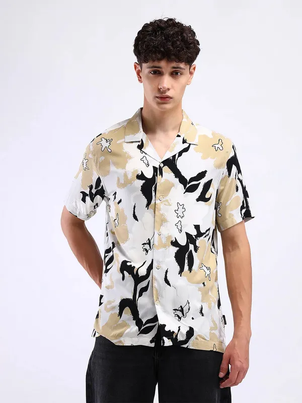 FLYING MACHINE cream printed cotton shirt