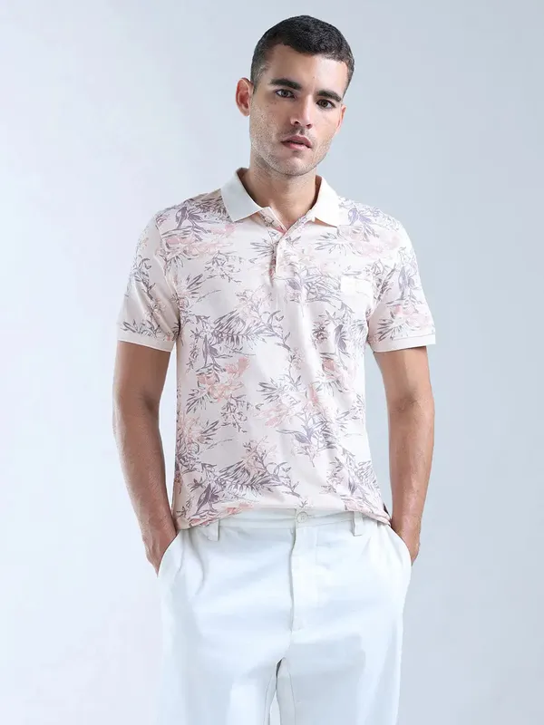 FLYING MACHINE floral printed pink mens polo t-shirt