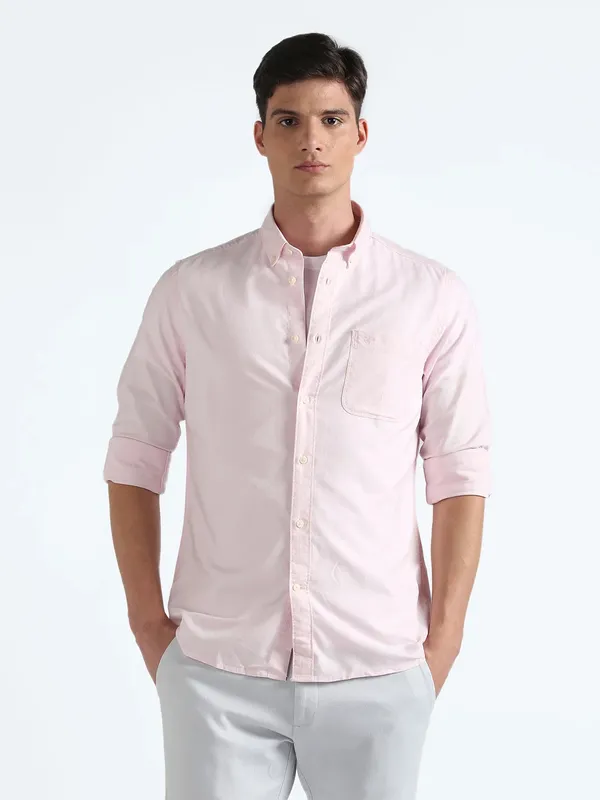 Flying Machine light pink cotton plain shirt